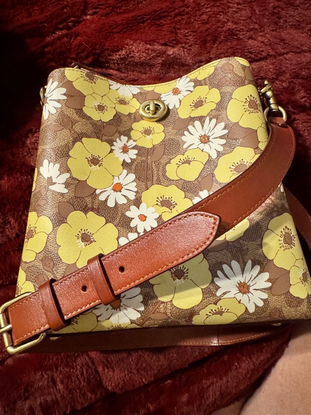 Authentic COACH Coated Canvas Floral Print WILLOW Bucket Leather Tan/Rust